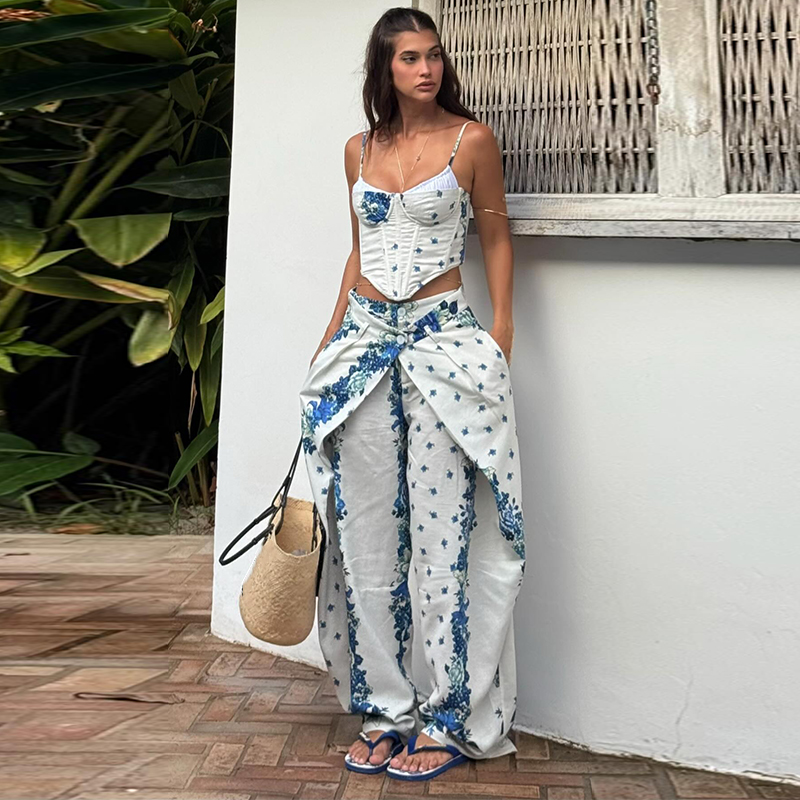 Romper Floral Print - 섹시 프린트 베스트 트라우저 여성 수트