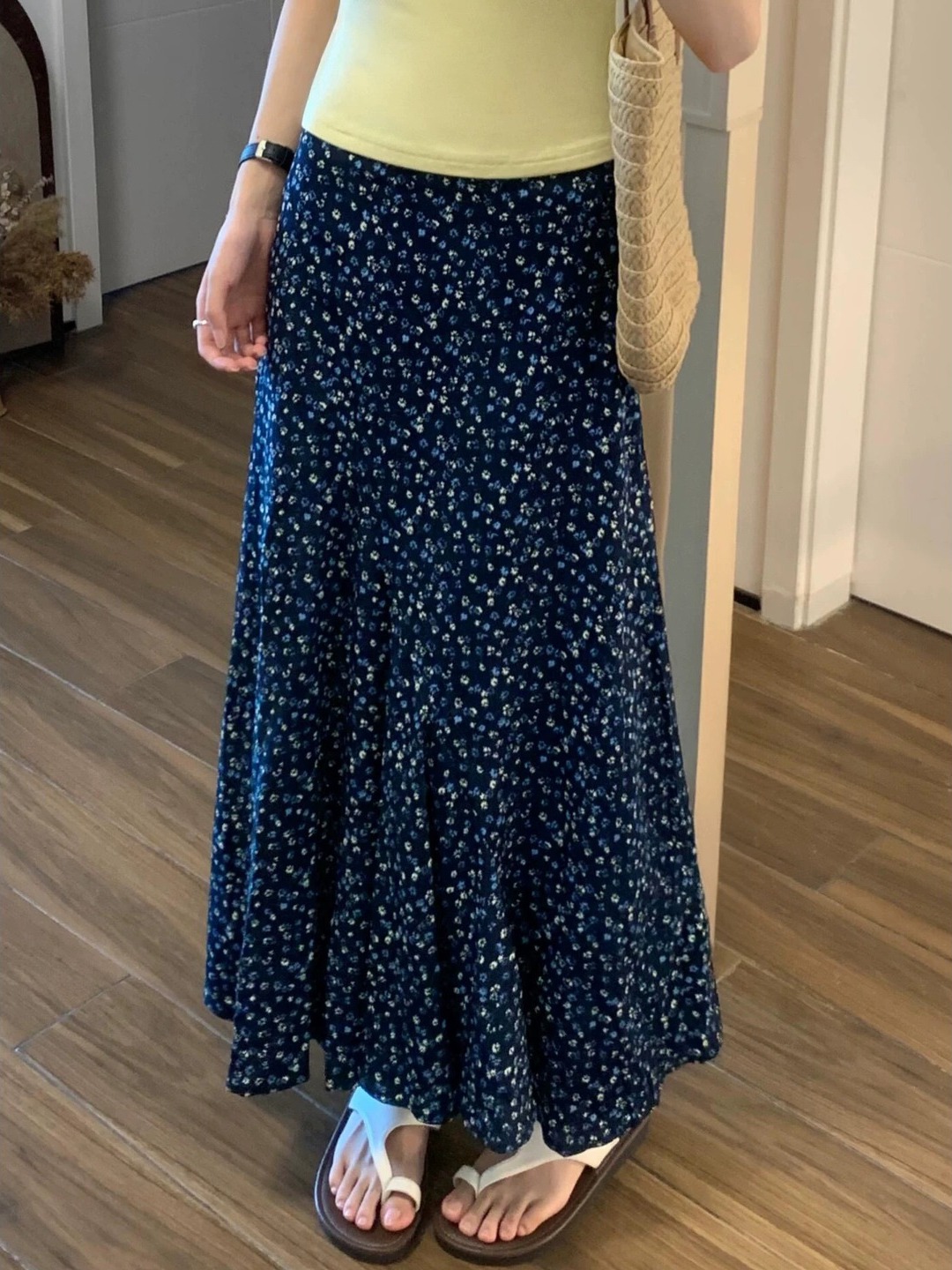 Midi Skirt Floral - 플러스 사이즈 꽃무늬 프린트 A라인 미디