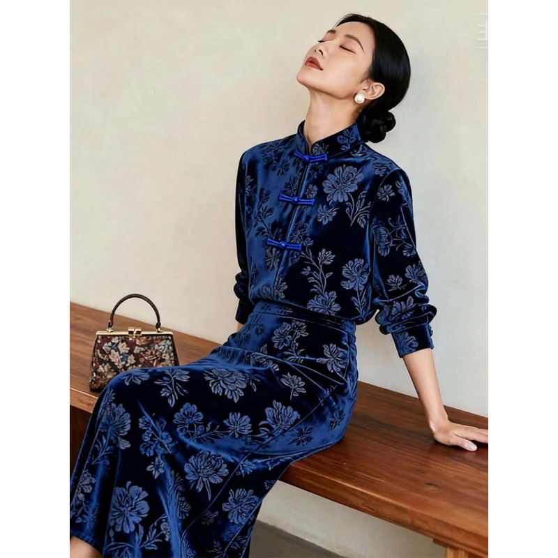 Midi Skirt Floral - 여성용 신상 중국풍 벨벳 플로럴 프린트