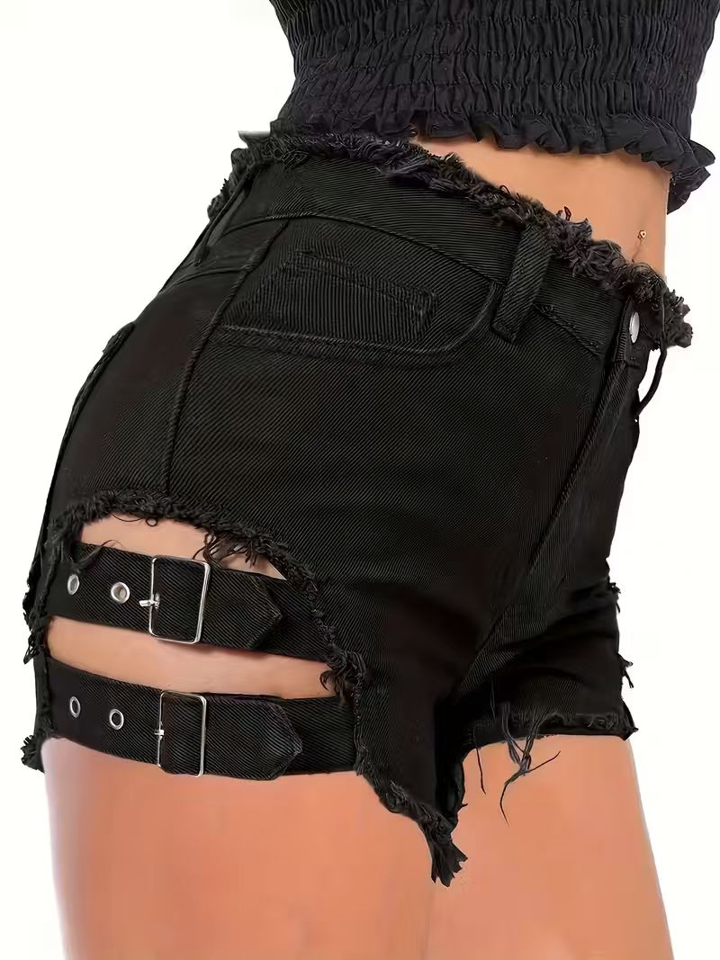 Shorts Denim Frayed - 여성용 블랙 데님 반바지 로우 웨이스트