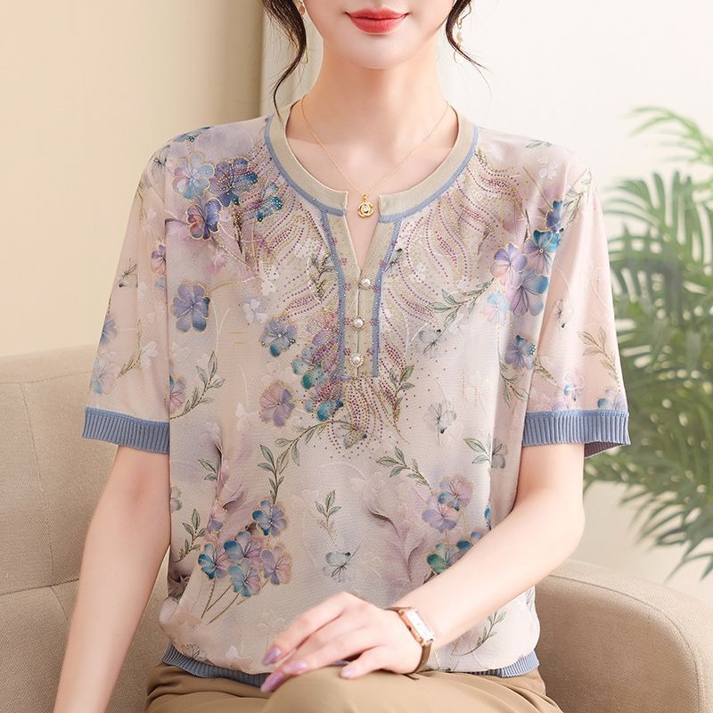 Romper Floral Print - 우아한 엄마 여성용 아이스 실크 니트