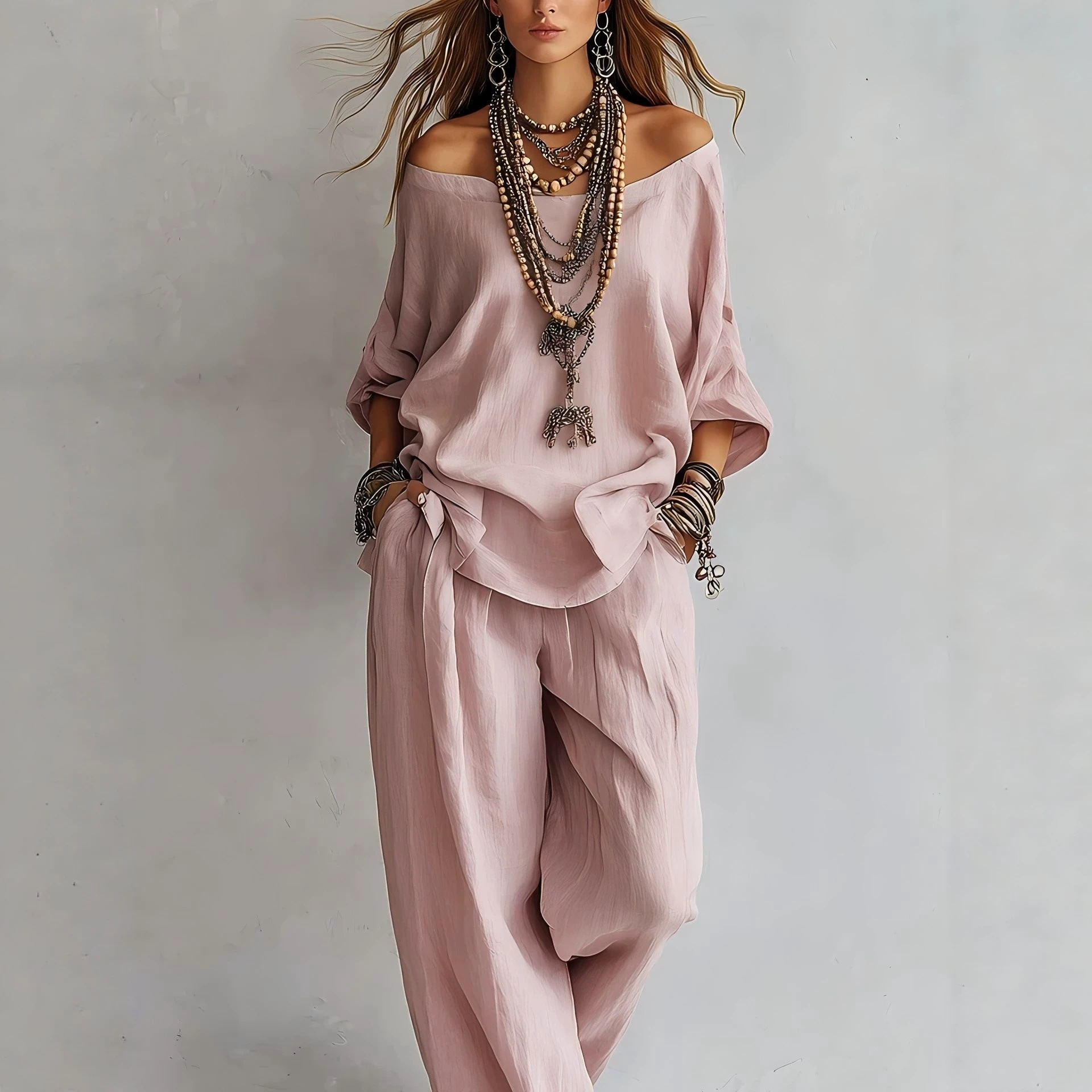 Linen Pant Wide - 캐주얼 루즈핏 린넨 7부 소매 상의와