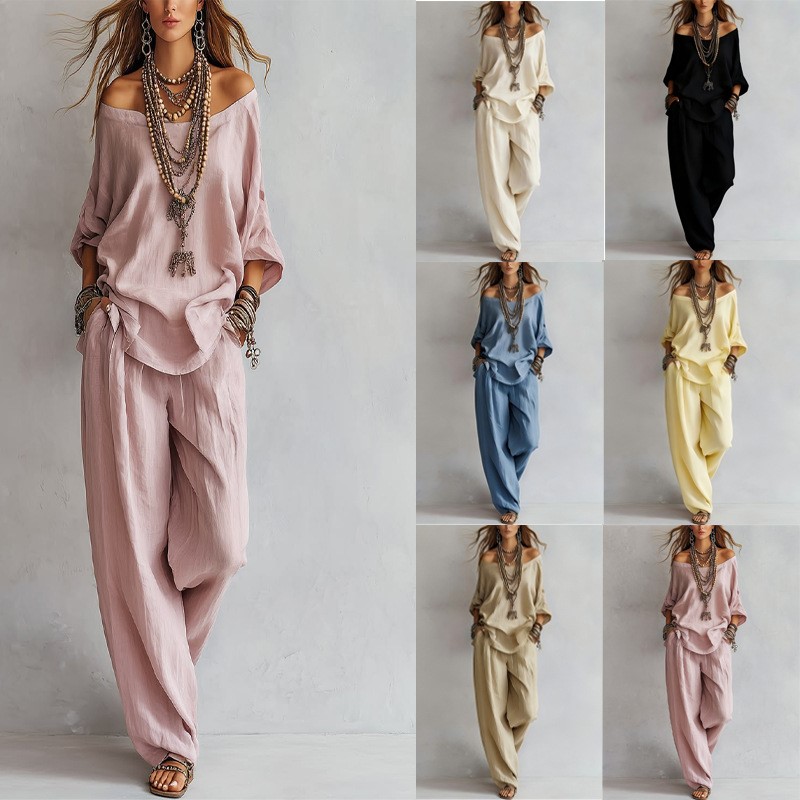 Linen Pant Wide - 여성 투피스 7부 소매 탑 원숄더