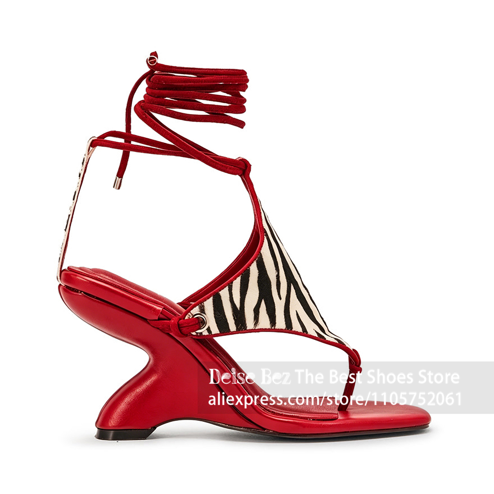Sandal Strappy Heeled - 얼룩말 프린트 레이스업 조형 힐 샌들