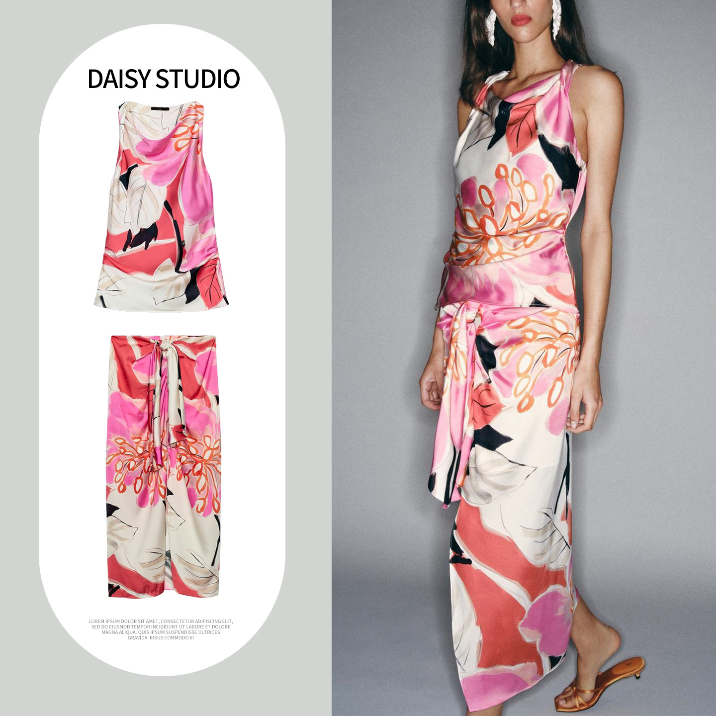 Midi Skirt Floral - 하이웨이스트 미디 스커트, 둥근 네크라인, 소매
