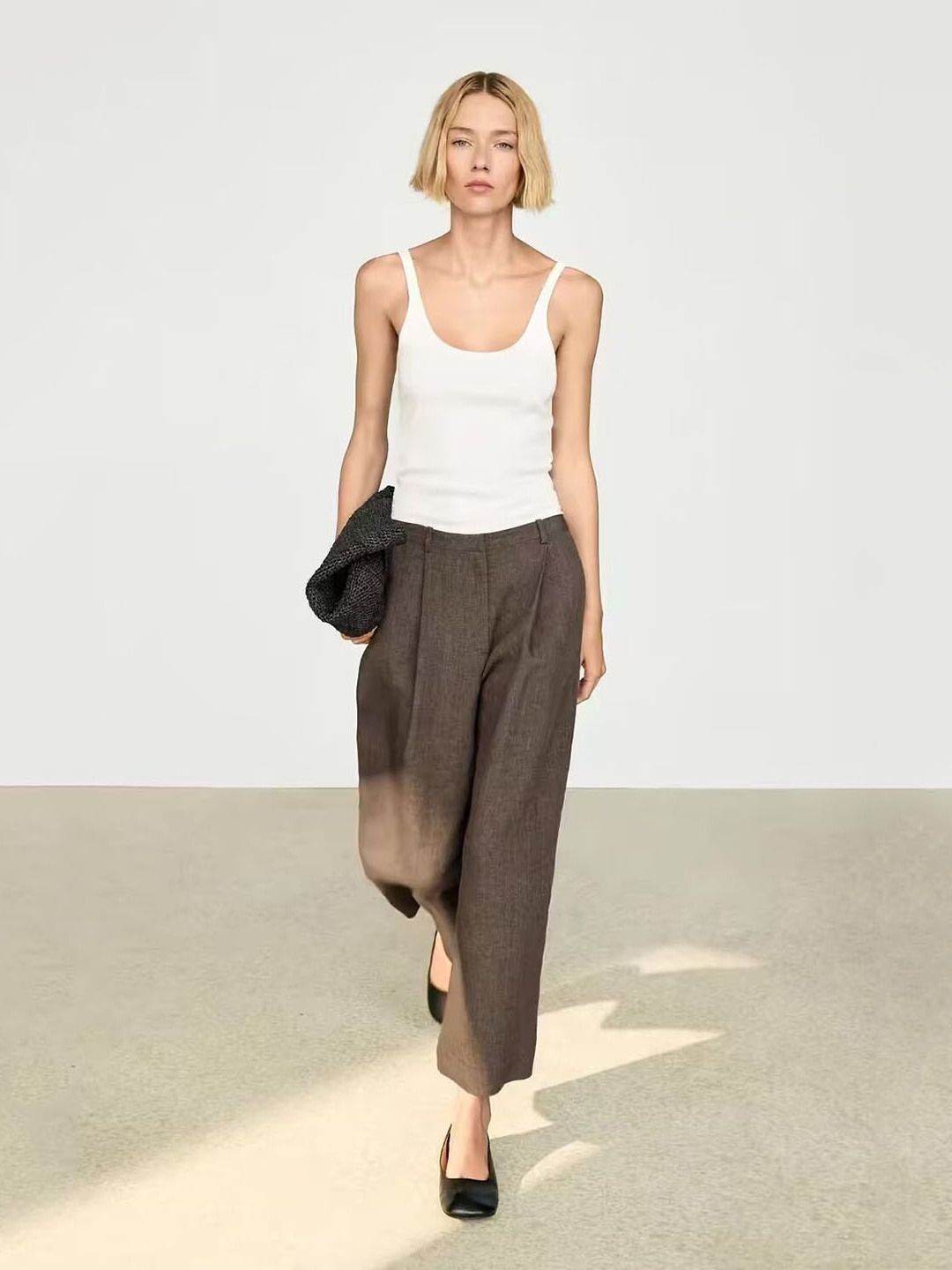 Linen Pant Wide - 캐주얼 브라운 플로럴 장식 코튼 린넨
