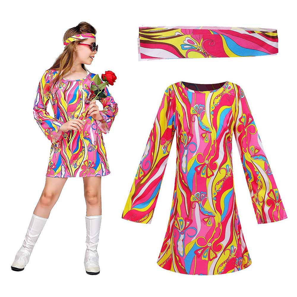 Romper Floral Print - 레트로 70년대 히피 드레스 헤어밴드 세트
