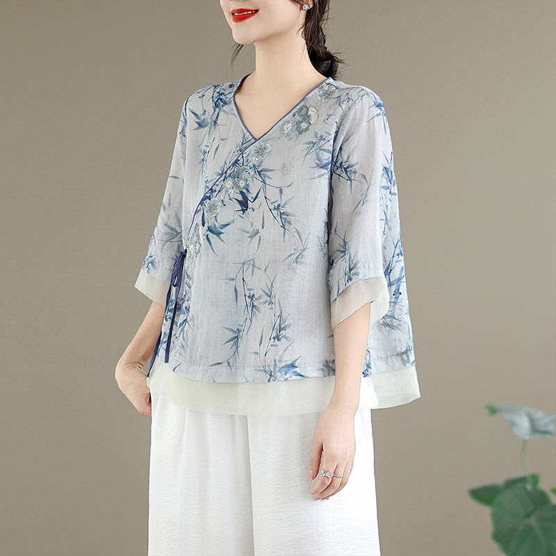 우아한 면 린넨 자수 V넥 셔츠 여성 여름 얇은 와이드 - Linen Pant Wide 리뷰 및 가격