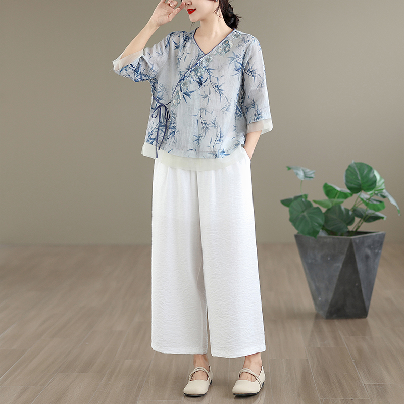 우아한 면 린넨 자수 V넥 셔츠 여성 여름 얇은 와이드 - Linen Pant Wide 리뷰 및 가격