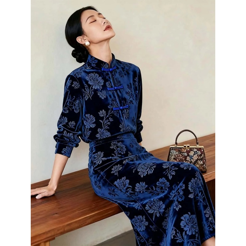 여성용 신상 중국풍 벨벳 플로럴 프린트 개구리 단추 탑 - Midi Skirt Floral 리뷰 및 가격