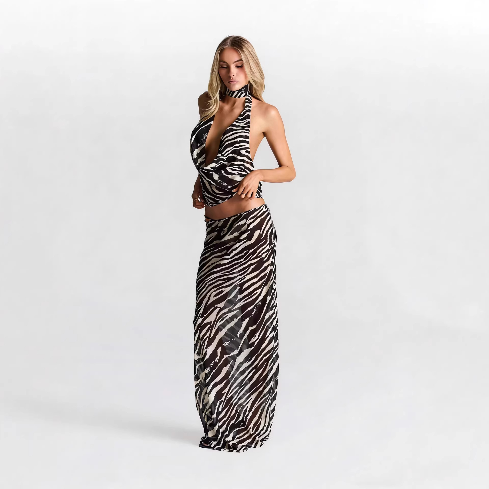 얼룩말 프린트 홀터넥 투피스 세트 여성 딥 V 백리스  - Maxi Dress Halter 리뷰 및 가격