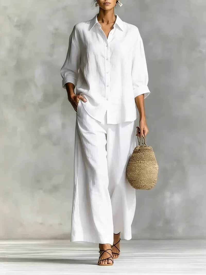 여성용 새 7부 소매 셔츠 & 와이드 레그 팬츠 캐주얼 - Linen Pant Wide 리뷰 및 가격