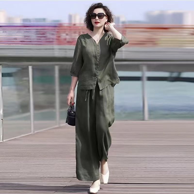 코튼 린넨 여성 투피스 세트, 루즈하고 편안한 탑 칼라 - Linen Pant Wide 리뷰 및 가격