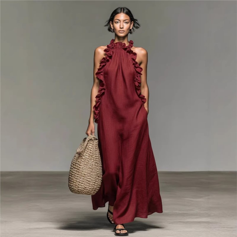 맞춤형 여성용 섹시한 홀터 러플 맥시 드레스 솔리드 포 - Maxi Dress Halter 리뷰 및 가격