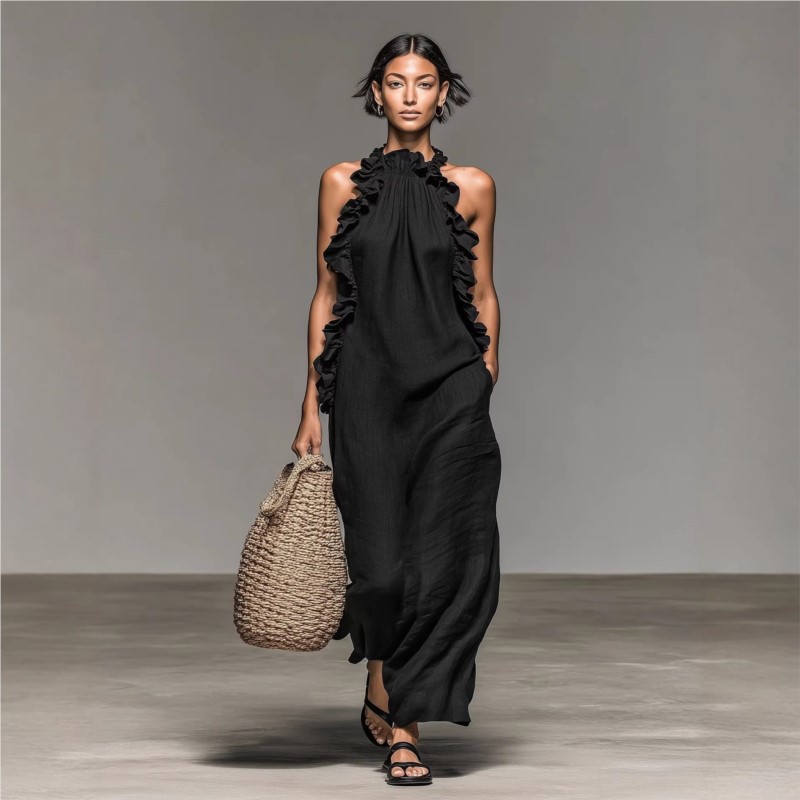 맞춤형 여성용 섹시한 홀터 러플 맥시 드레스 솔리드 포 - Maxi Dress Halter 리뷰 및 가격